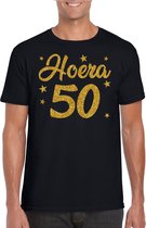 Hoera 50 jaar verjaardag cadeau t-shirt - goud glitter op zwart - heren - Abraham cadeau shirt L