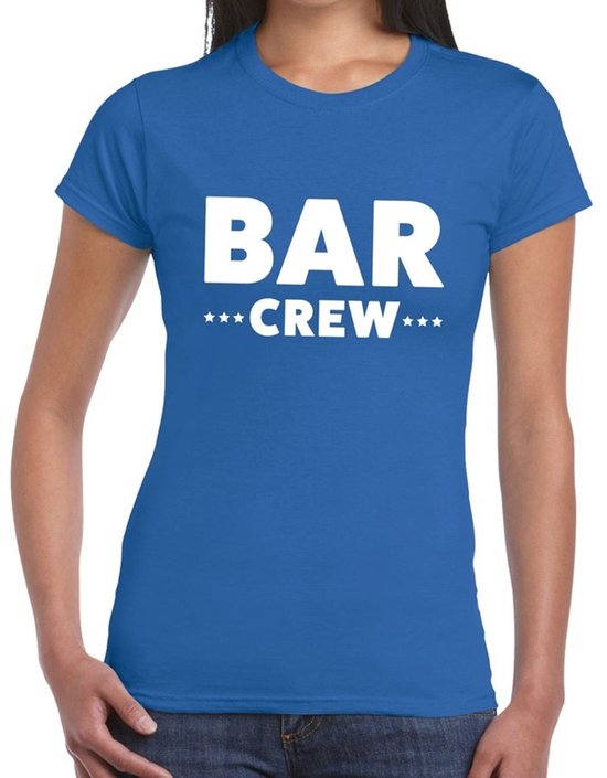 Blauw T-shirt met witte tekst 'BAR CREW' en sterren op de borst.