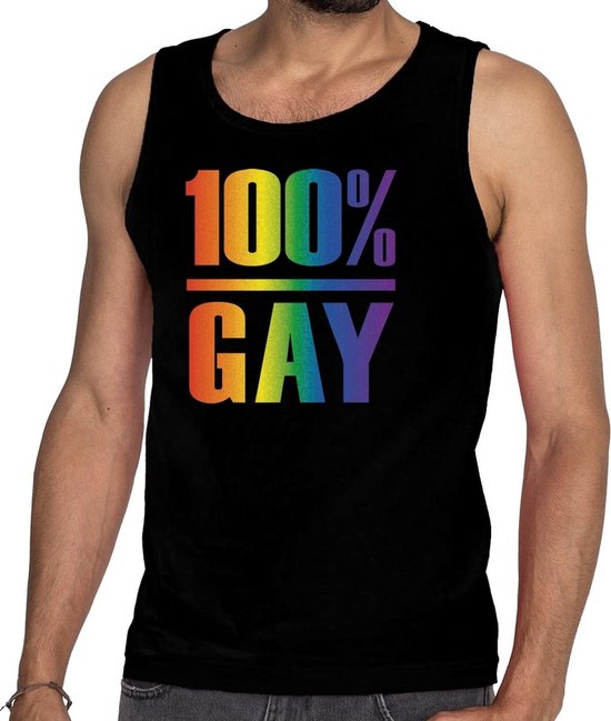 100% gay tanktop/mouwloos shirt - zwart regenboog singlet voor heren - gay pride L