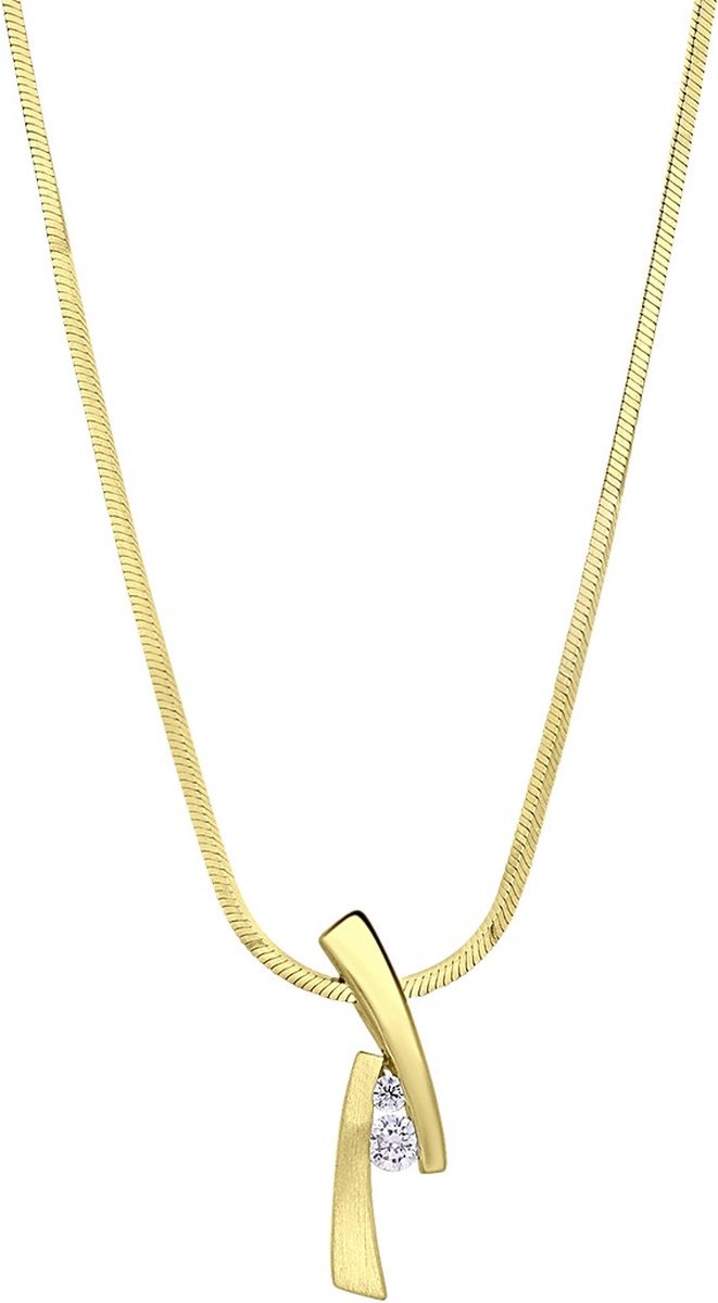 Lucardi Dames Ketting mat/glans met zirkonia - Echt Zilver - Ketting - Cadeau - 42 cm - Goudkleurig