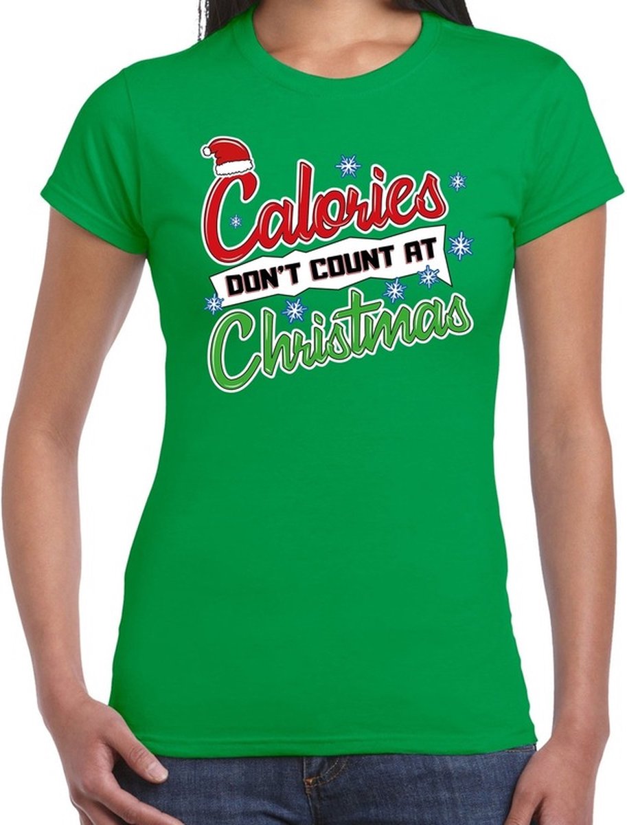 Afbeelding van product Bellatio Decorations  Fout kerstshirt / t-shirt - Calories dont count at Christmas - groen voor dames - kerstkleding / christmas outfit XL  - maat XL