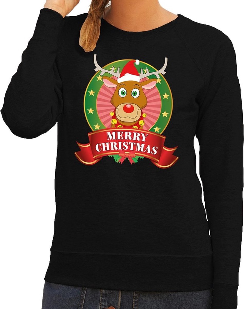 Afbeelding van product Bellatio Decorations  Foute kersttrui / sweater Rudolf - zwart - Merry Christmas voor dames M  - maat M
