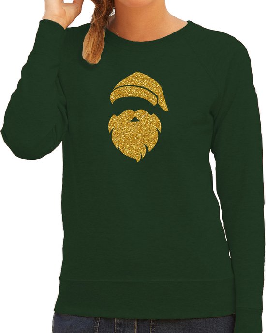 Pull de Noël tête de père Noël - vert avec imprimé paillettes d'or - dames - pulls de Noël / outfit de Noël L
