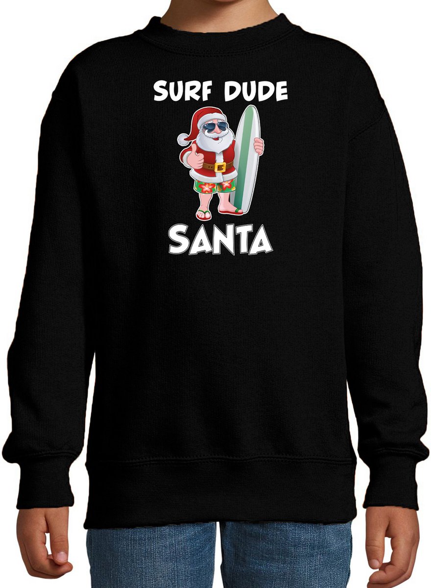 Surf dude Santa fun Kerstsweater / Kerst trui zwart voor kinderen - Kerstkleding / Christmas outfit 134/146 op Prijzenvolger.com
