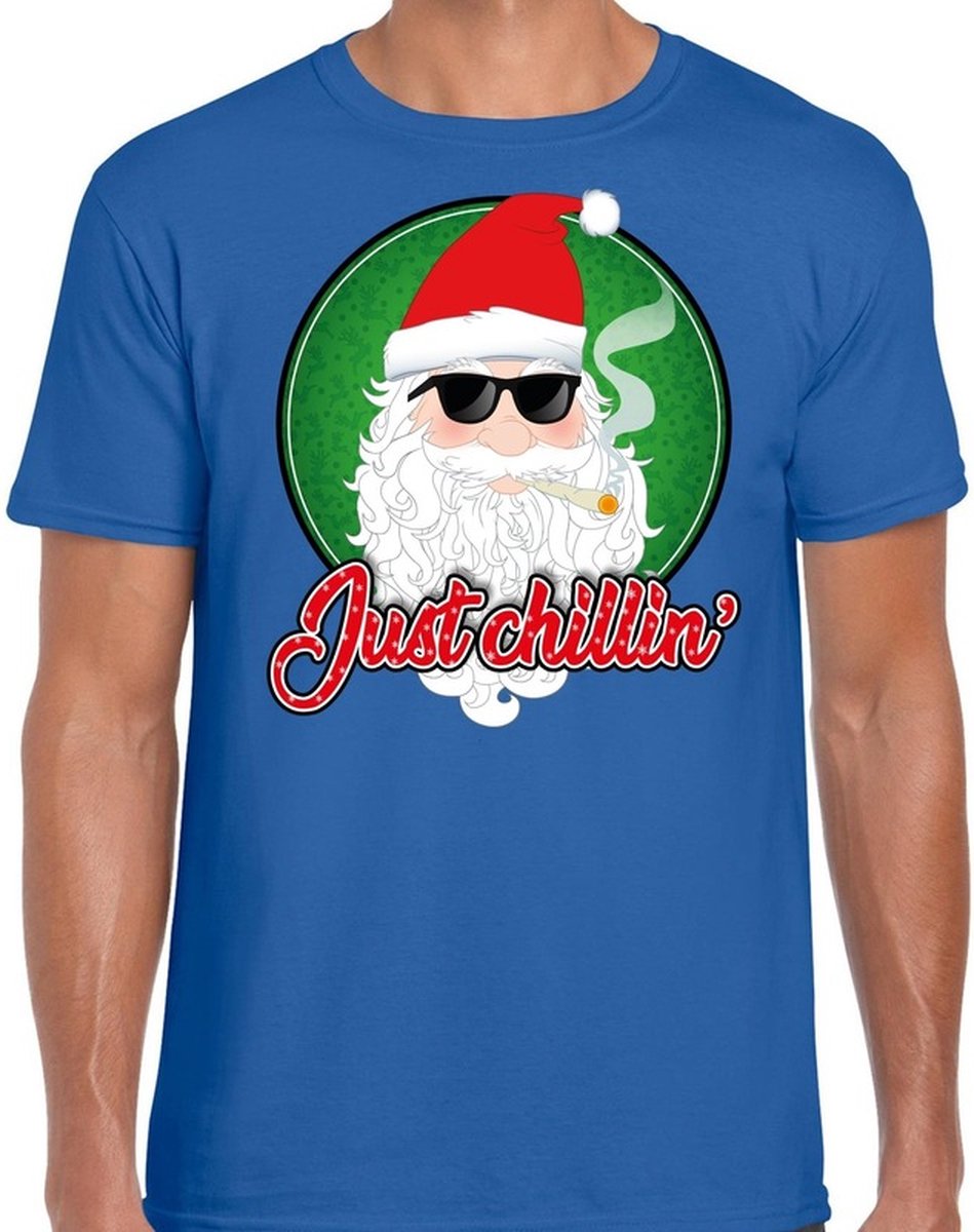 Afbeelding van product Bellatio Decorations  Fout Kerst shirt / t-shirt - Just chillin - blauw voor heren - kerstkleding / kerst outfit L  - maat L