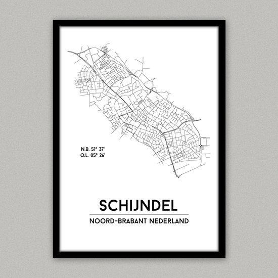 Schijndel city poster, A4 met lijst, plattegrond poster, woonplaatsposter, woonposter