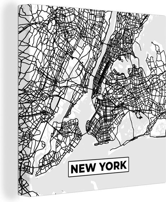 Canvas Schilderij Stadskaart - Plattegrond - New York - Kaart - Zwart Wit - 20x20 cm - Wanddecoratie