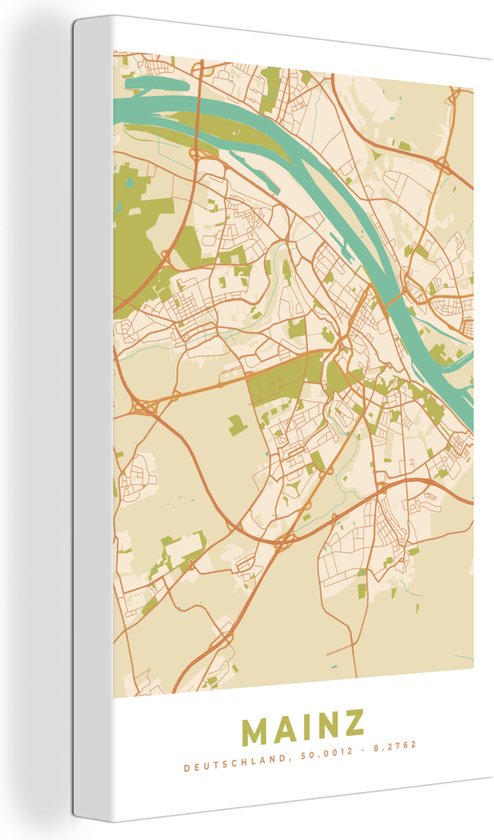 Canvas Schilderij Plattegrond - Mainz - Kaart - Vintage - Stadskaart - 40x60 cm - Wanddecoratie
