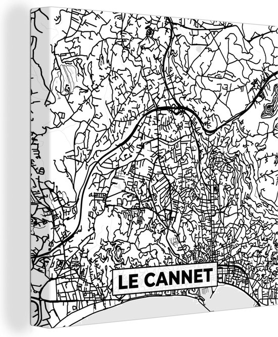 Canvas Schilderij Kaart – Le Cannet - Stadskaart – Frankrijk – Plattegrond - Zwart wit - 90x90 cm - Wanddecoratie