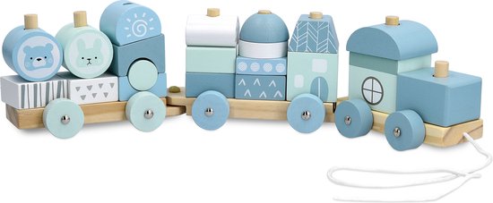 Navaris houten speelgoedtrein voor kinderen - Trein van hout met 20 blokken - Voor jongens en meisjes van 18 maanden en ouder - Blauw - Navaris