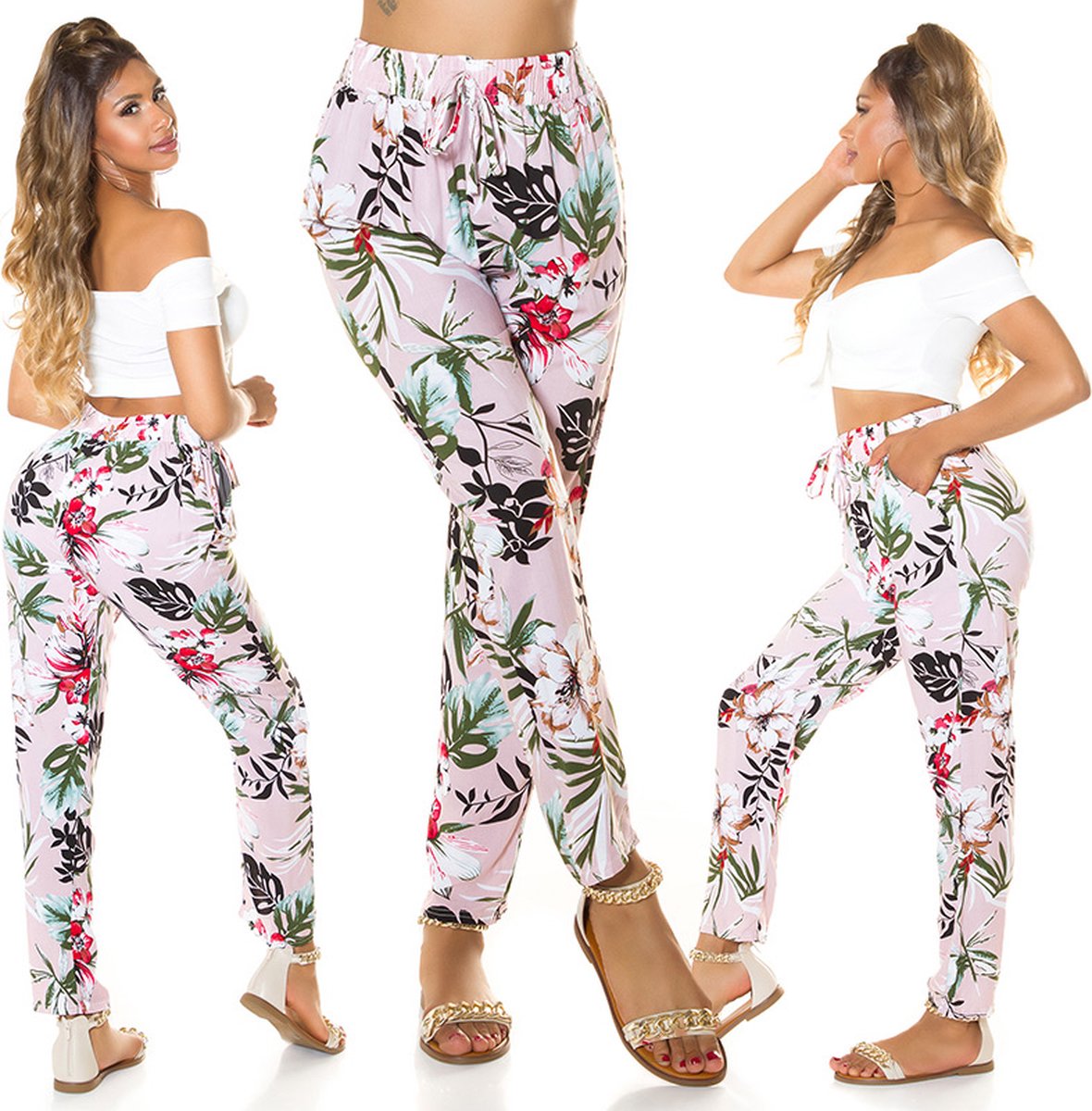 Zomerbroek strandbroek dames broek fashion hoge taille bloemmotief roze