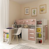 Combinatiebed - 90 x 200 cm - Met bureau en opbergruimte - Roze, houtlook en wit - LOUKALA L 207 cm x H 131.5 cm x D 193.8 cm
