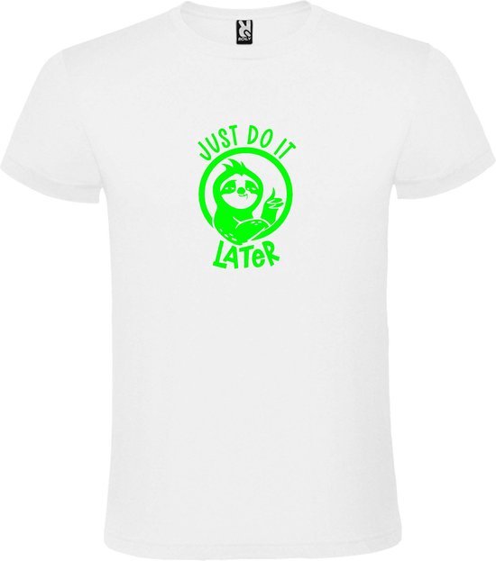Wit T shirt met print van " Just Do It Later " print Neon Groen size M