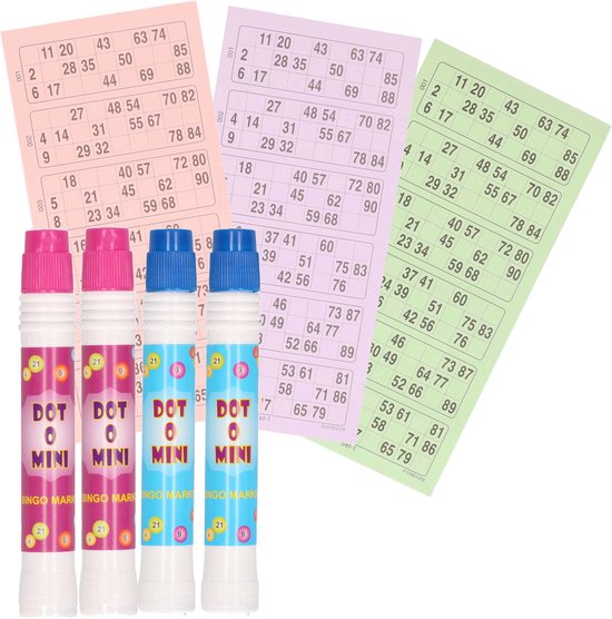 Afbeelding van het spel 4x Bingostiften/markeerstiften - 2x stuks in de kleuren blauw/paars met 100x papieren bingokaarten van 1-90