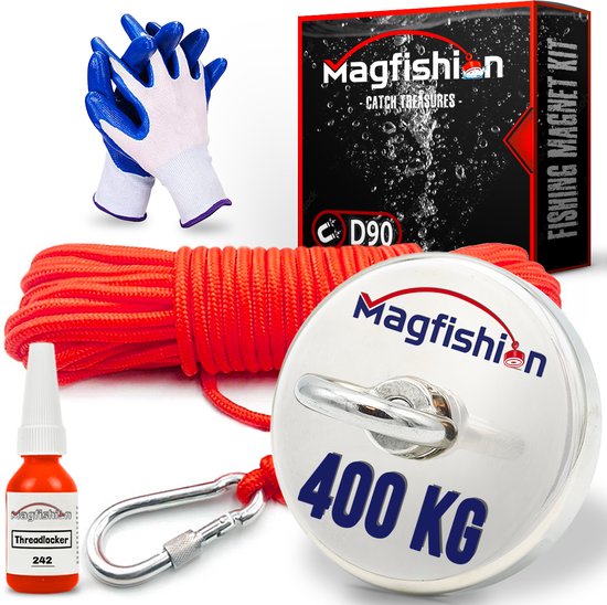 Magfishion Magneetvissen Set - 400 KG - Vismagneet - 20 Meter Lang Touw + Karabijnhaak met Schroefsluiting - Handschoenen - Borgmiddel - Magneetvissen Starterspakket - Magneet Vissen - Outdoor