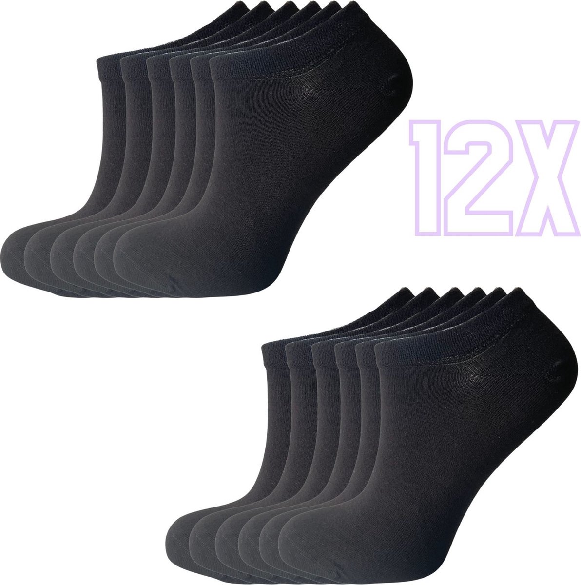 12x Bamboe Sneakersokken Naadloos - Unisex - 12 paar - Zwart - Maat 35-41 - Bamboe 84% - Sokken