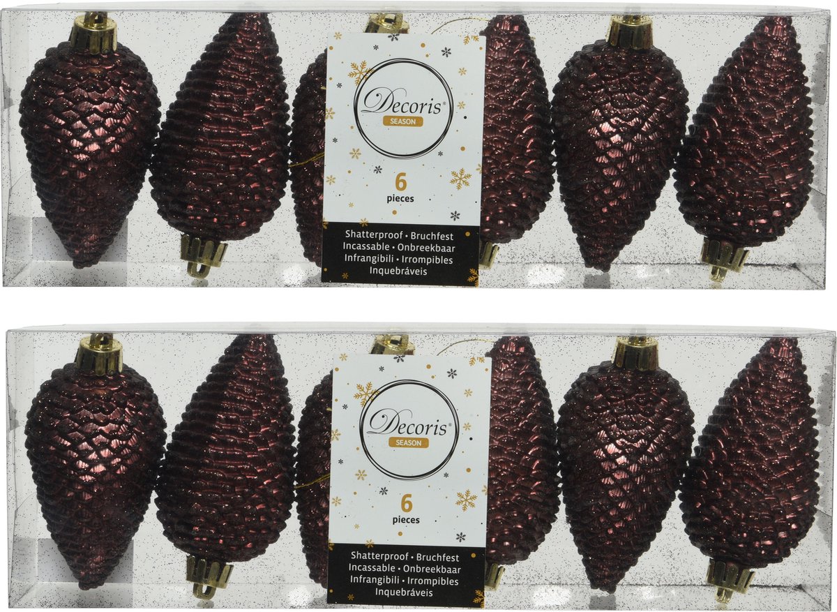 Decoris Kersthangers dennenappels - 18x -mahonie bruin - glitter - 8 cm - kunststof - kerstversiering