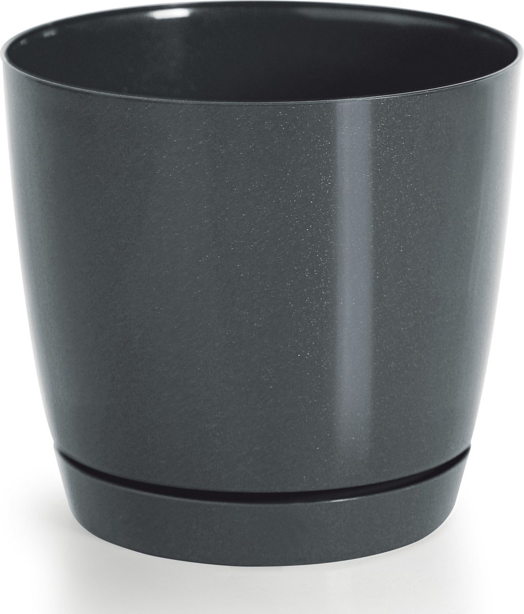 Prosperplast Plantenpot/bloempot met opvangschaal - kunststof - antraciet D14 x H13 cm - binnen/buiten