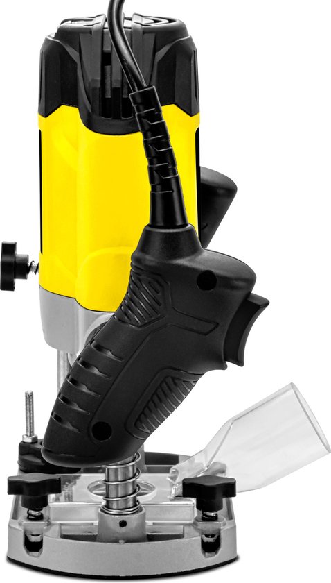 Zwarte en gele bovenfrees met ergonomische handgreep en stofafzuiging, op witte achtergrond.