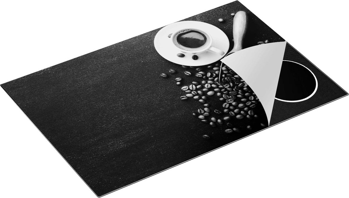 Chefcare Inductie Beschermer Kopje Koffie met Koffiebonen - Zwart Wit - 80,2x52,2 cm - Afdekplaat Inductie - Kookplaat Beschermer - Inductie Mat