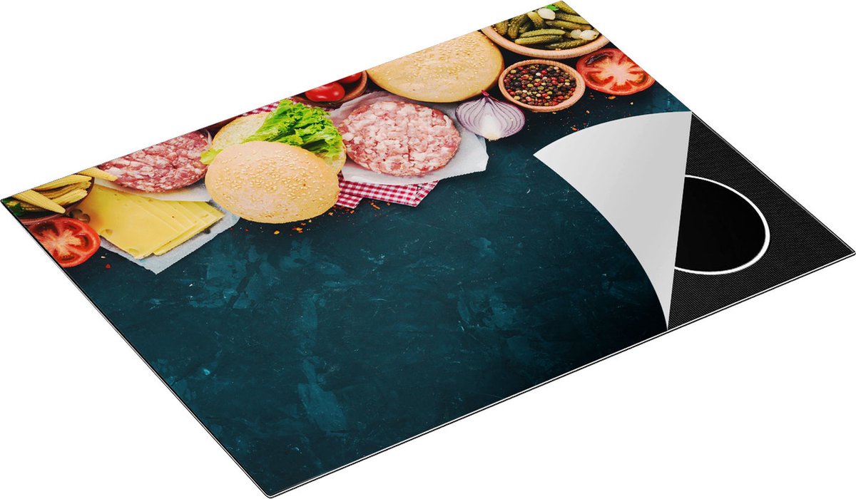 Chefcare Inductie Beschermer Hamburger Ingrediënten op een Marmeren Plaat - 70x52 cm - Afdekplaat Inductie - Kookplaat Beschermer - Inductie Mat