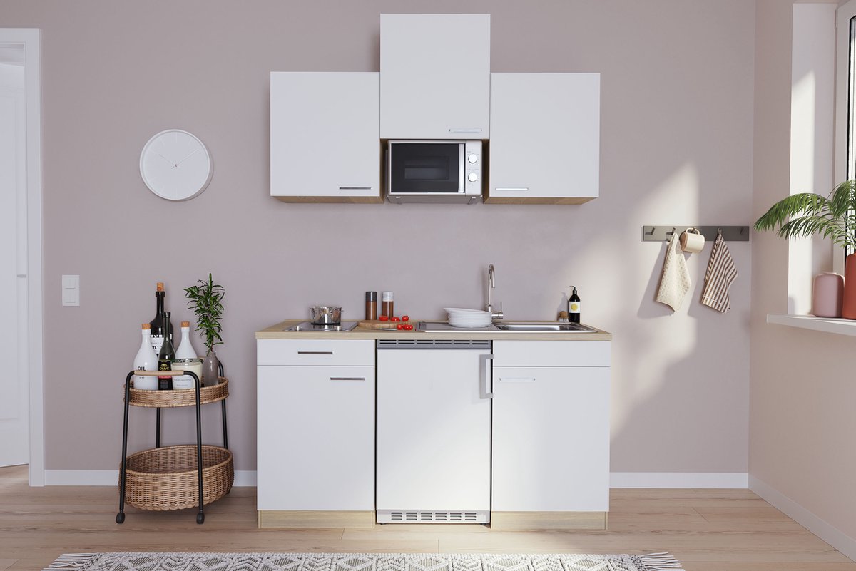 Goedkope keuken 150 cm - complete kleine keuken met apparatuur Luis - Eiken/Wit - keramische kookplaat - koelkast - magnetron - mini keuken - compacte keuken - keukenblok met apparatuur
