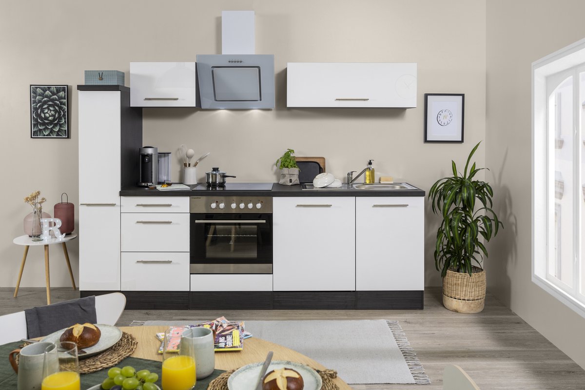 Goedkope keuken 250 cm - complete keuken met apparatuur Amanda - Eiken/Wit - soft close - keramische kookplaat - vaatwasser - afzuigkap - oven - spoelbak