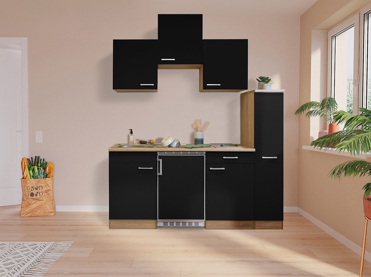 Goedkope keuken 180 cm - complete kleine keuken met apparatuur Luis - Eiken/Zwart - keramische kookplaat - koelkast - mini keuken - compacte keuken - keukenblok met apparatuur