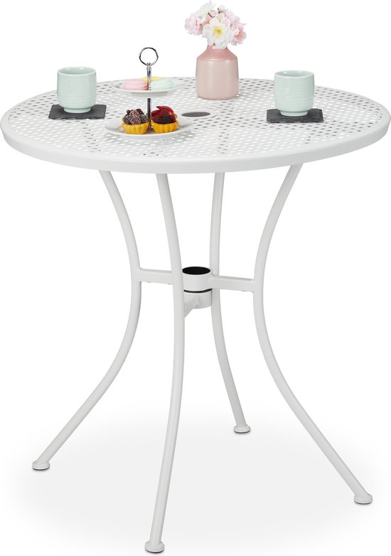 Relaxdays tuintafel met parasolgat - witte bistrotafel - ronde buitentafel  metaal - balkon | bol.com