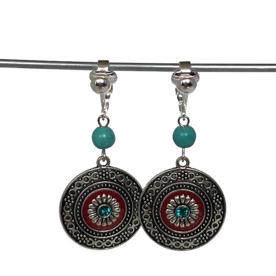 Clip Oorbellen - Oorclips - Bohemian Chic - BoHo Chic - Bohemian Style - Ibiza -  Rond - Hangers - Rood - Turquoise - MNQ bijoux