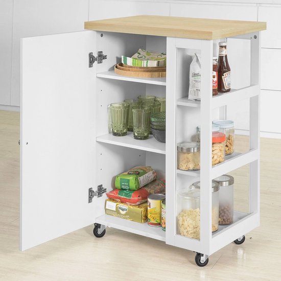 Mara Desserte de cuisine - Desserte de service - 3 Planches - 1 Porte - Pratique - Espace de rangement - Sur roulettes - Wit - MDF - 40 x 60 x 90 cm