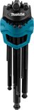 Set van 9 inbussleutels in een turquoise houder met Makita-logo. De maten 1,5 tot 10 staan op de houder.