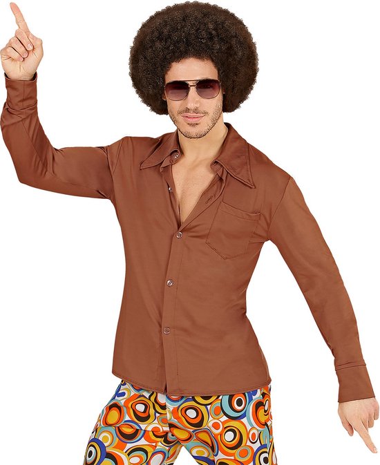 Widmann - Hippie Kostuum - Groovy Garry 70s Heren Shirt, Bruin Man - Bruin - XXL - Carnavalskleding - Verkleedkleding