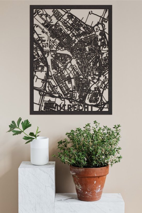 Carte de ville en bois Utrecht Zwart Mdf 100x75cm Décoration murale pour City Shapes à accrocher au mur