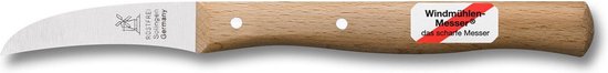 Gebogen mes met houten handvat en rode "Windmühlen Messer das scharfe Messer" sticker.