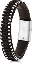 Lucardi Heren Armband met zwart leer - Leer - Armband - Cadeau - Vaderdag - 19 cm - Zilverkleurig