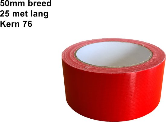 Rol rode ducttape, 50mm breed en 25 meter lang, met een kerndiameter van 76mm.