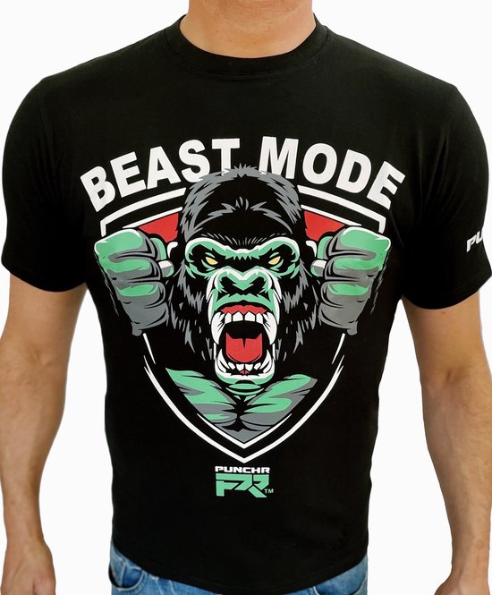 Zwarte t-shirt met op de voorkant een gorilla met de tekst 'BEAST MODE' en 'PUNCHR'.