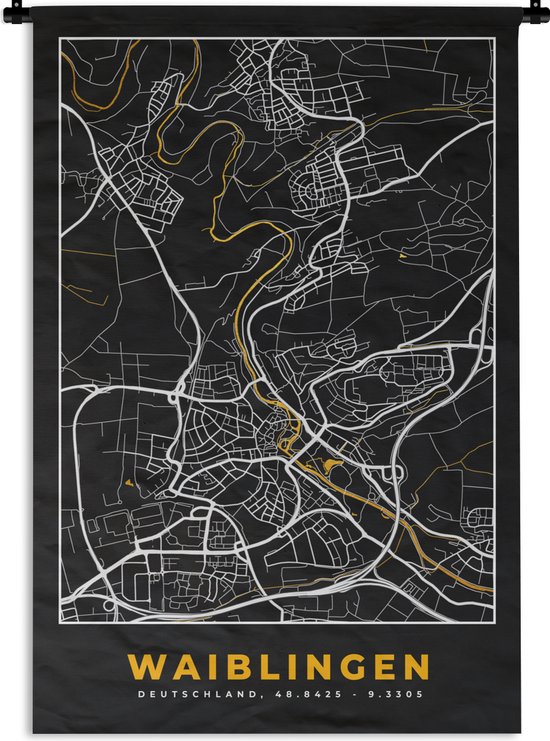 Waiblingen Map Wandkleed - Wanddoek - Black and Gold – Stadskaart – Waiblingen ...