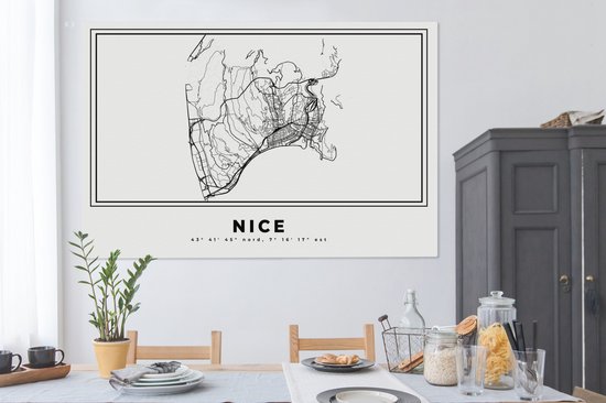 Tableau sur toile 180x120 cm - Décoration murale Carte - Plan de ville - Wit Zwart - Carte - Nice - France - Décoration murale salon - Décoration chambre - Accessoires de chambre - Peintures
