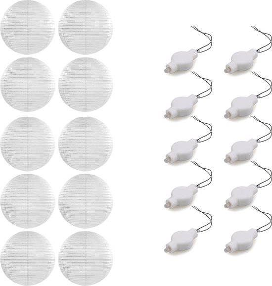 Setje van 10x stuks luxe witte bolvormige party lampionnen 35 cm met lantaarnlampjes - Feest decoraties/versiering