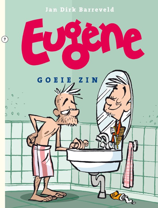 Kookboek: Eugène staat voor een wastafel, met een handdoek om zijn middel. De titel "Eugène" is groot en roze.