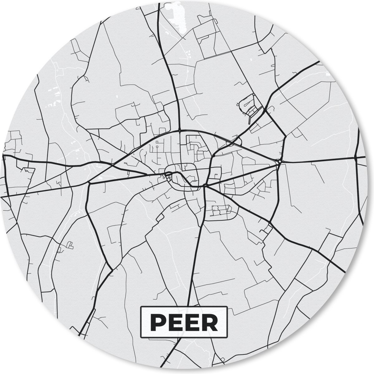 Muismat rond 40x40 cm - Mousepad Stadskaart – Zwart Wit - Kaart – Peer – België – Plattegrond - Ronde muismatten - Stadskaart