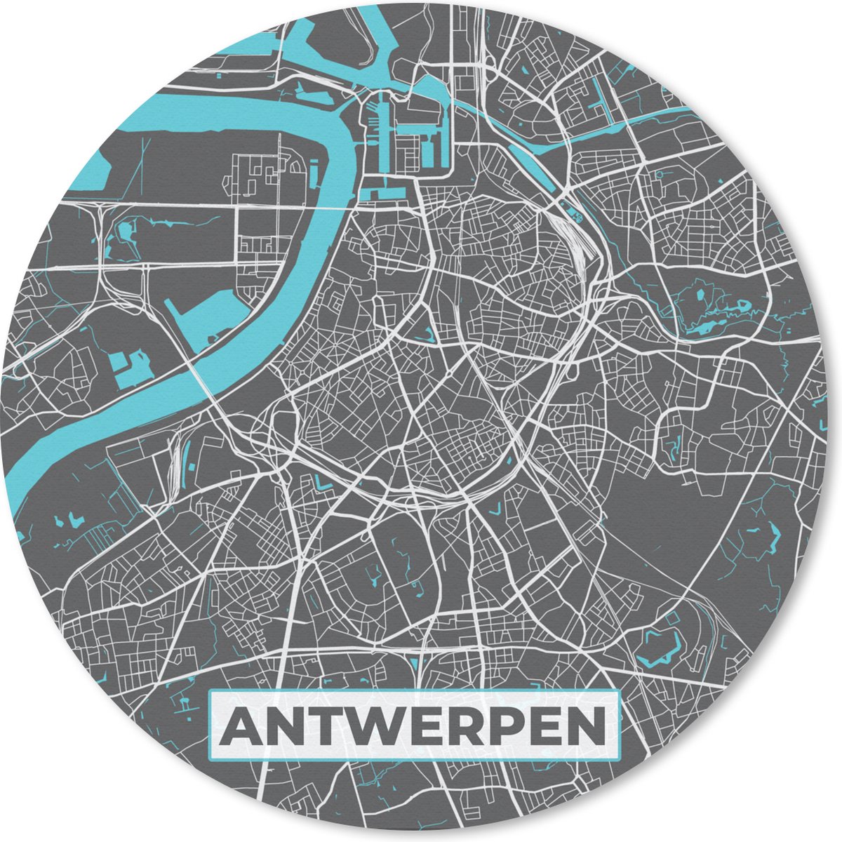 Muismat rond 40x40 cm - Mousepad Stadskaart – Grijs - Kaart – Antwerpen – België – Plattegrond - Ronde muismatten - Stadskaart