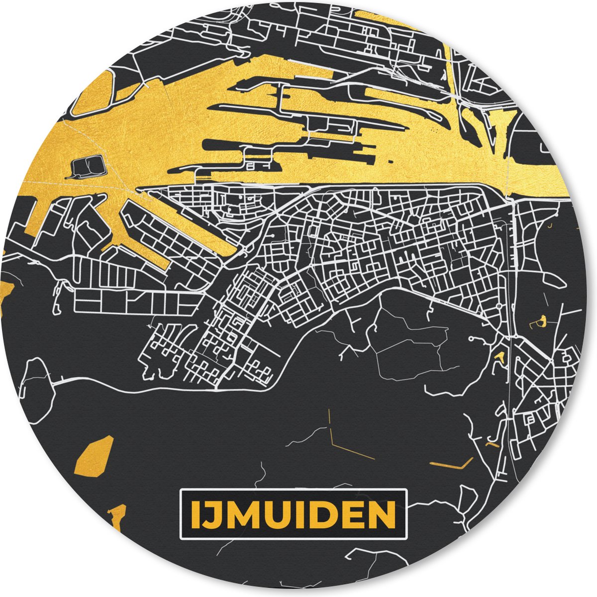 Muismat rond 40x40 cm - Mousepad IJmuiden - Stadskaart - Kaart - Plattegrond - Black and Gold - Ronde muismatten - Stadskaart