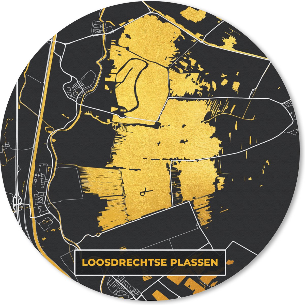 Muismat rond 30x30 cm - Mousepad Kaart - Plattegrond - Goud - Stadskaart - Loosdrechtse Plassen - Ronde muismatten - Stadskaart