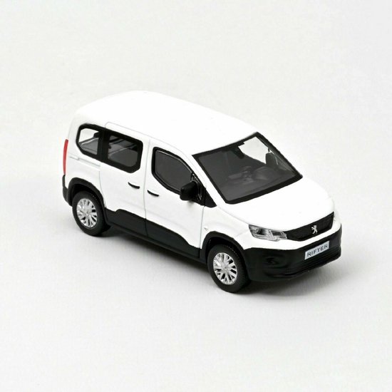 Wit schaalmodel van een Peugeot Rifter met zwarte onderkant en zilverkleurige velgen.