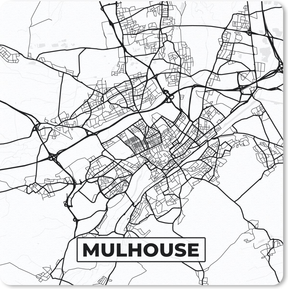Muismat 20x20 cm - Mousepad Kaart - Plattegrond - Frankrijk - Mulhouse - Stadskaart - Zwart wit - Muismatten - Stadskaart