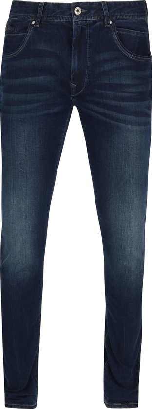 Voorkant van de donkerblauwe Vanguard jeans met een subtiele wassing, knoopsluiting en klassieke vijf-pocketstijl.