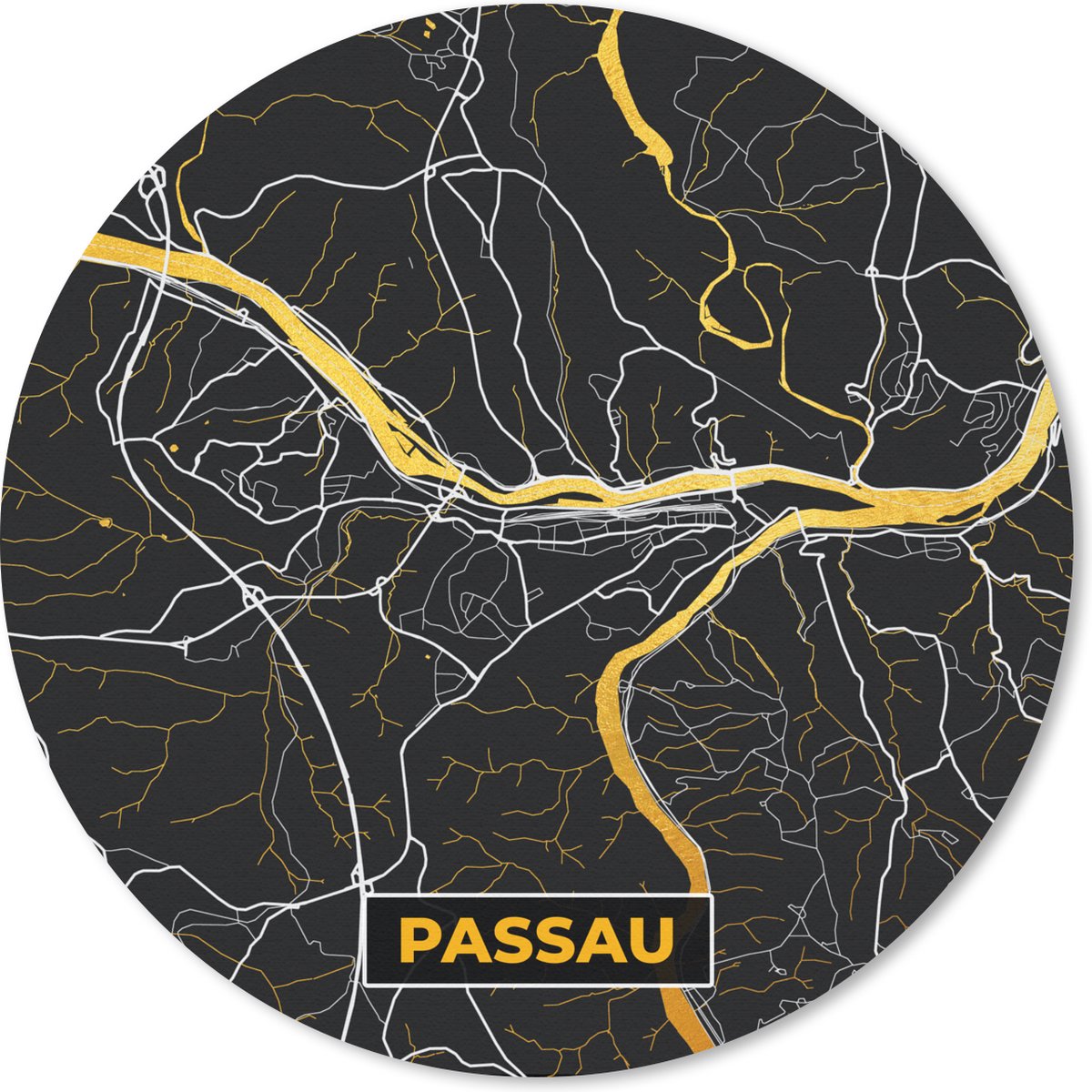 Muismat - Mousepad - Rond - Kaart – Plattegrond – Stadskaart – Passau – Duitsland – Goud - 30x30 cm - Ronde muismat